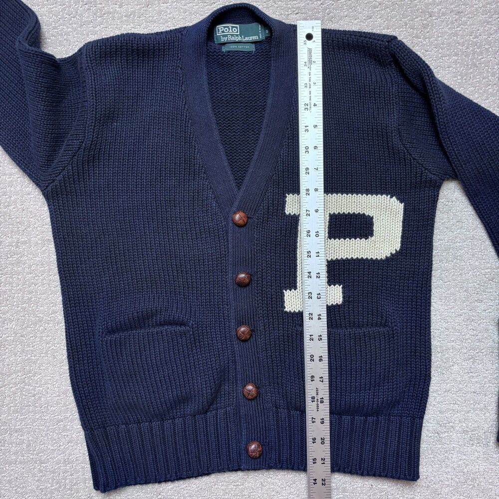 VTG 90s Polo Ralph Lauren Navy Varsity Letterman Cardigan Sweater Men's S Cotton - Picture 5 of 8